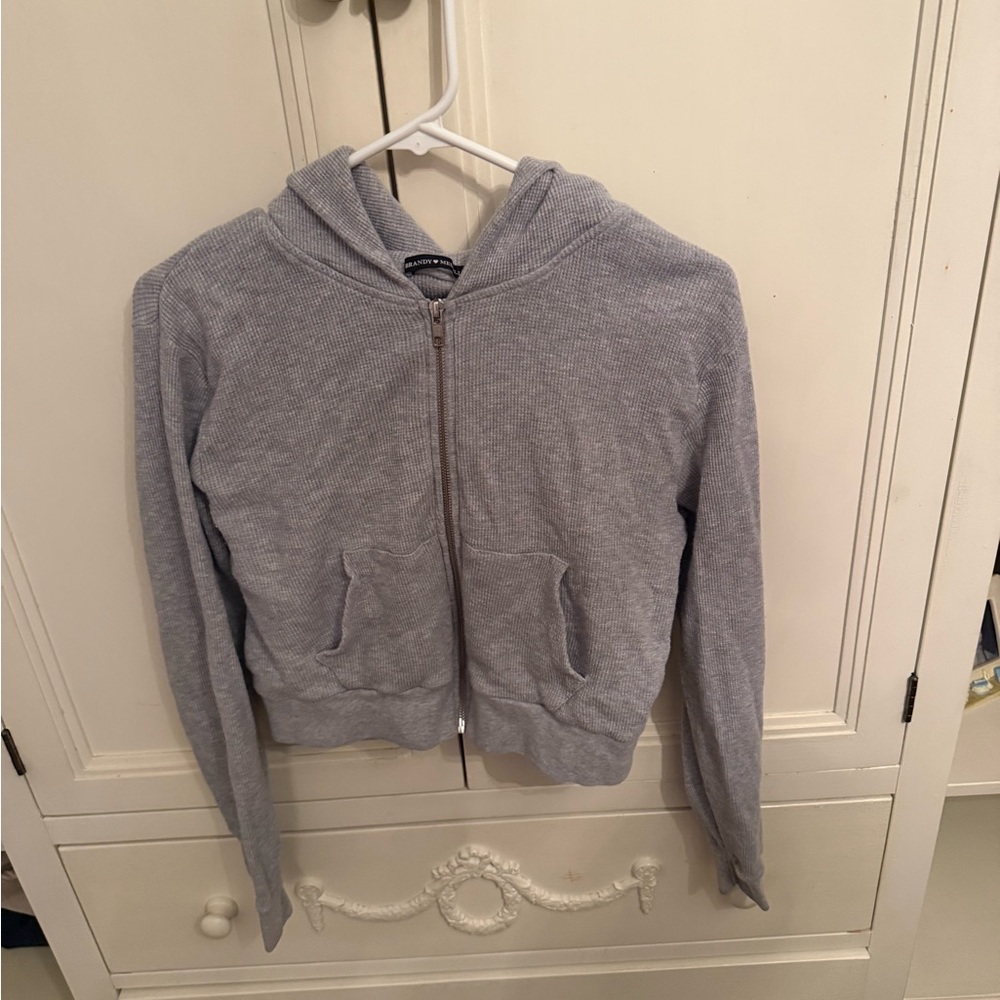 Gray Brandy Melville Waffle Zip-Up Hoodie